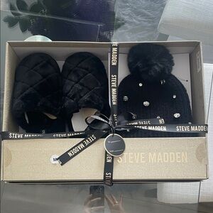 Steve Madden Black Quilted Velvet Slides & Embellished Pom Beanie Set